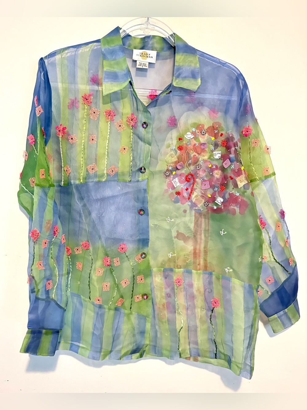 Vintage 90s Sandy Starkman sheer silk organza embellished button down shirt